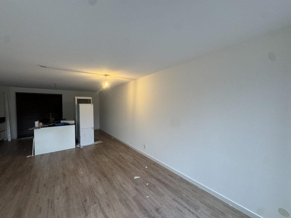 Lange woonkamer in een appartement met een witte wand, een houten vloer en een open keukenblok achterin